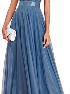 Women's Formal Dresses Long Evening Gowns Tulle V Neck Sleeveless Sparkly Sequin Cocktail Party Wedding Guest Dress