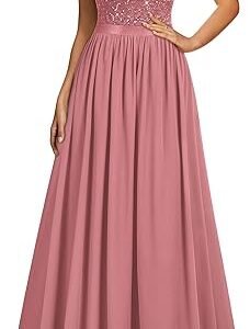 Miusol Women's V-Neck Sequin Lace Double Sleeveless Evening Party Maxi Dress