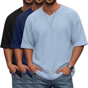 3 Pack Men's Oversized Waffle T-Shirts V Neck Short Sleeve Lightweight Tops Knit Drop Shoulder Casual Pullover Tee