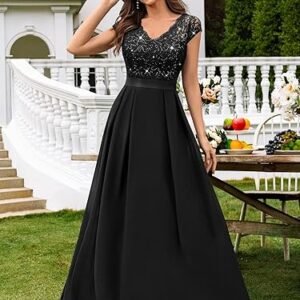 Miusol Women's Elegant V-Neck Cap Sleeve Sequined Floral Lace Formal Party Maxi Dress